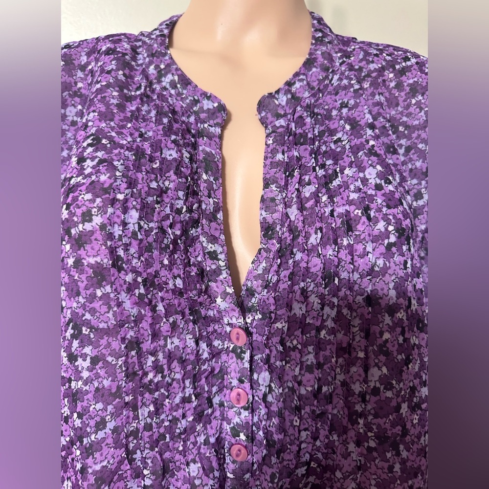 Mainstreet Blues 28W Women’s Blouse Purple Floral 3/4 Button Lined Chiffon - Picture 4 of 9